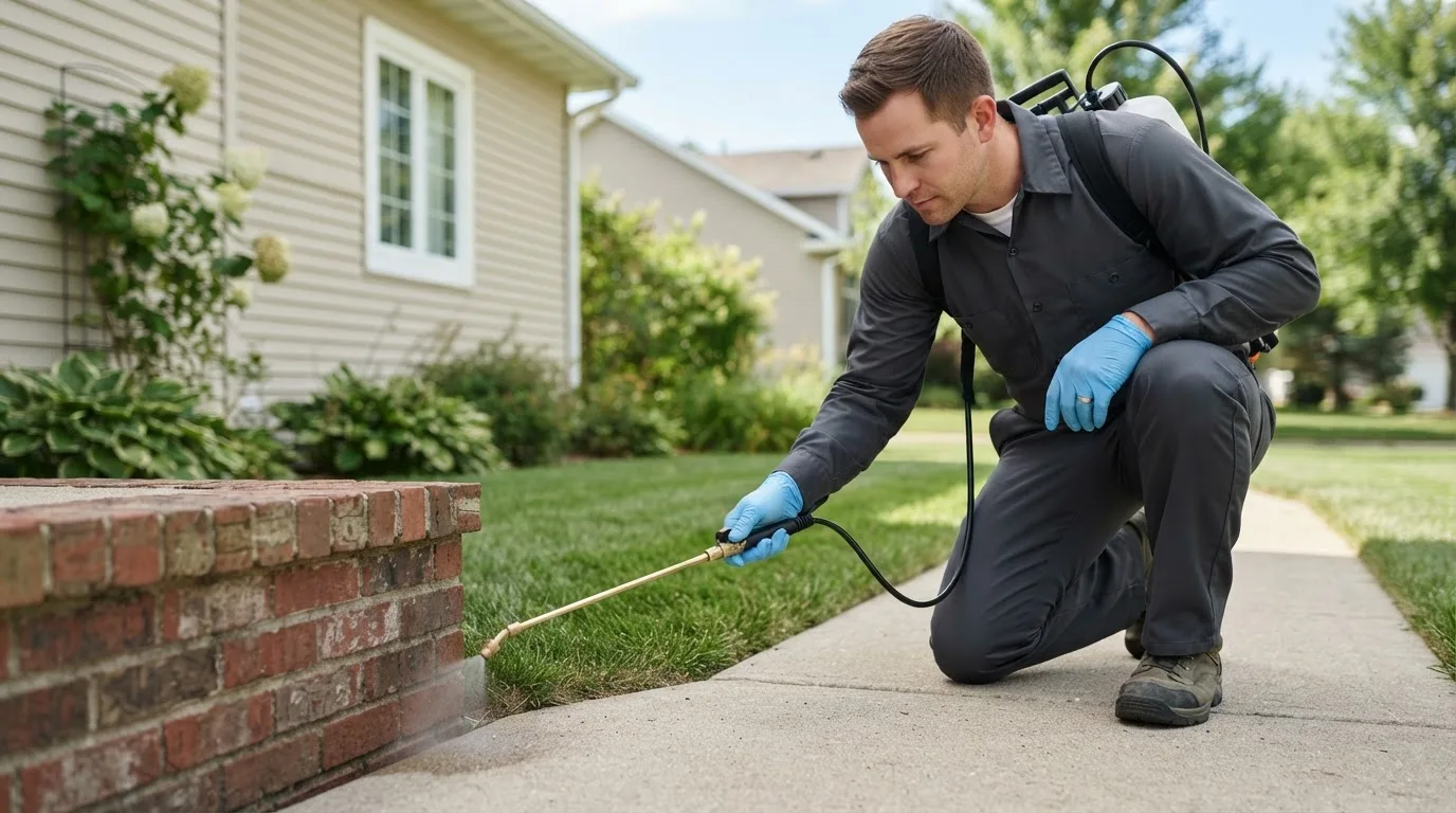 Pest control technician treating a home near Pellston, MI