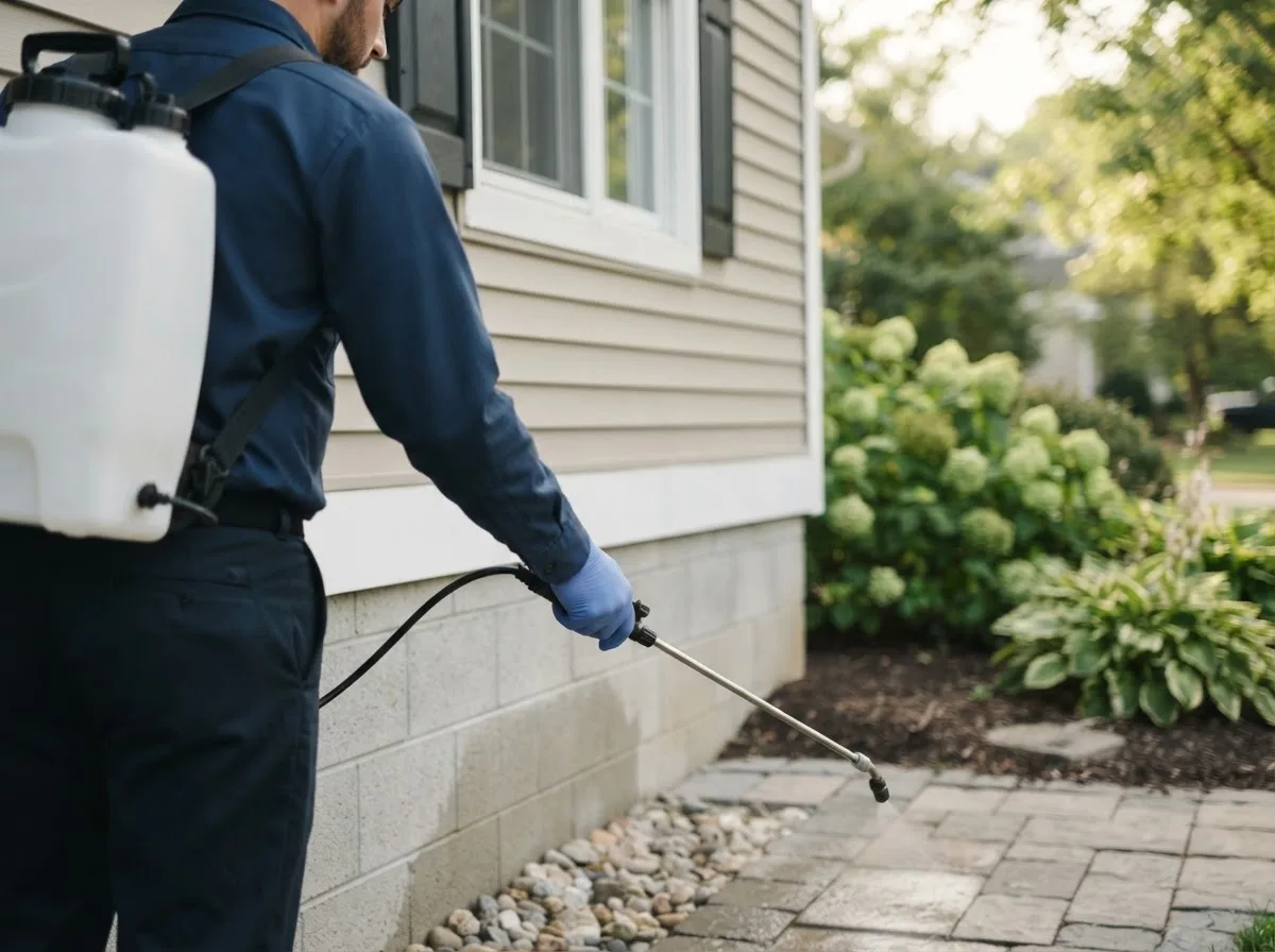 Pest control technician inspecting a home in Pellston, MI